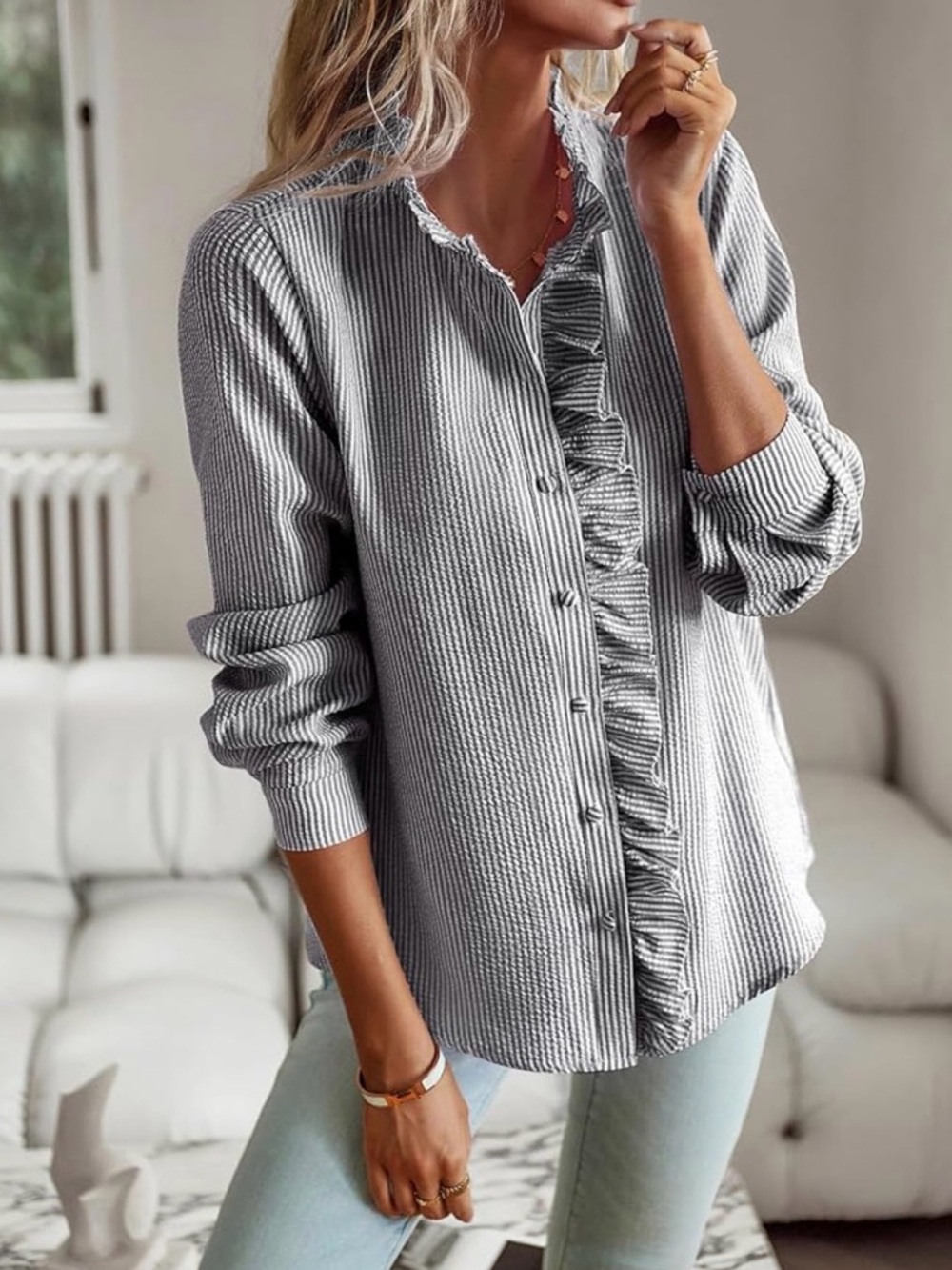 Ruffled Button-Front Women’s Top in Light Gray